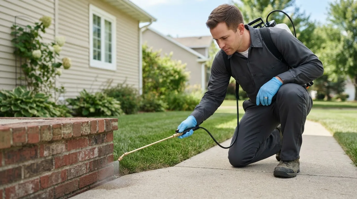 Pest control technician treating a home near Howard Lake, MN